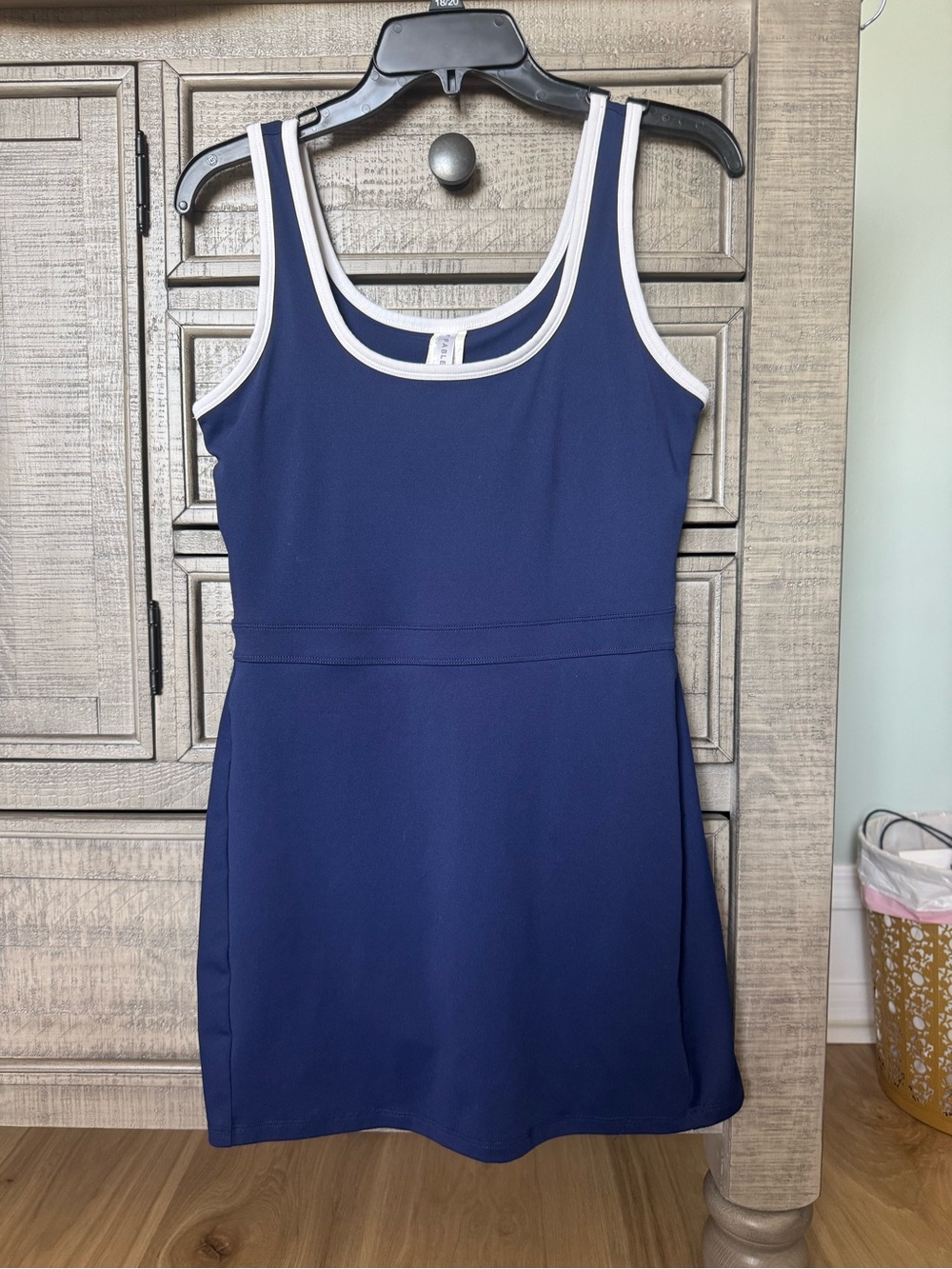 Fabletics athletic Navy Tank Dress with White Trim, built in shorts - Picture 3 of 4